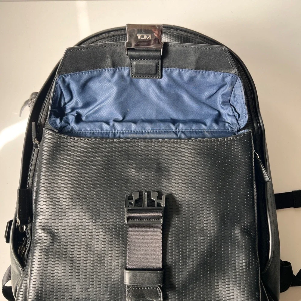 Tumi Morley Backpack Carbon Fiber Black Leather Buckle Laptop Travel Bag